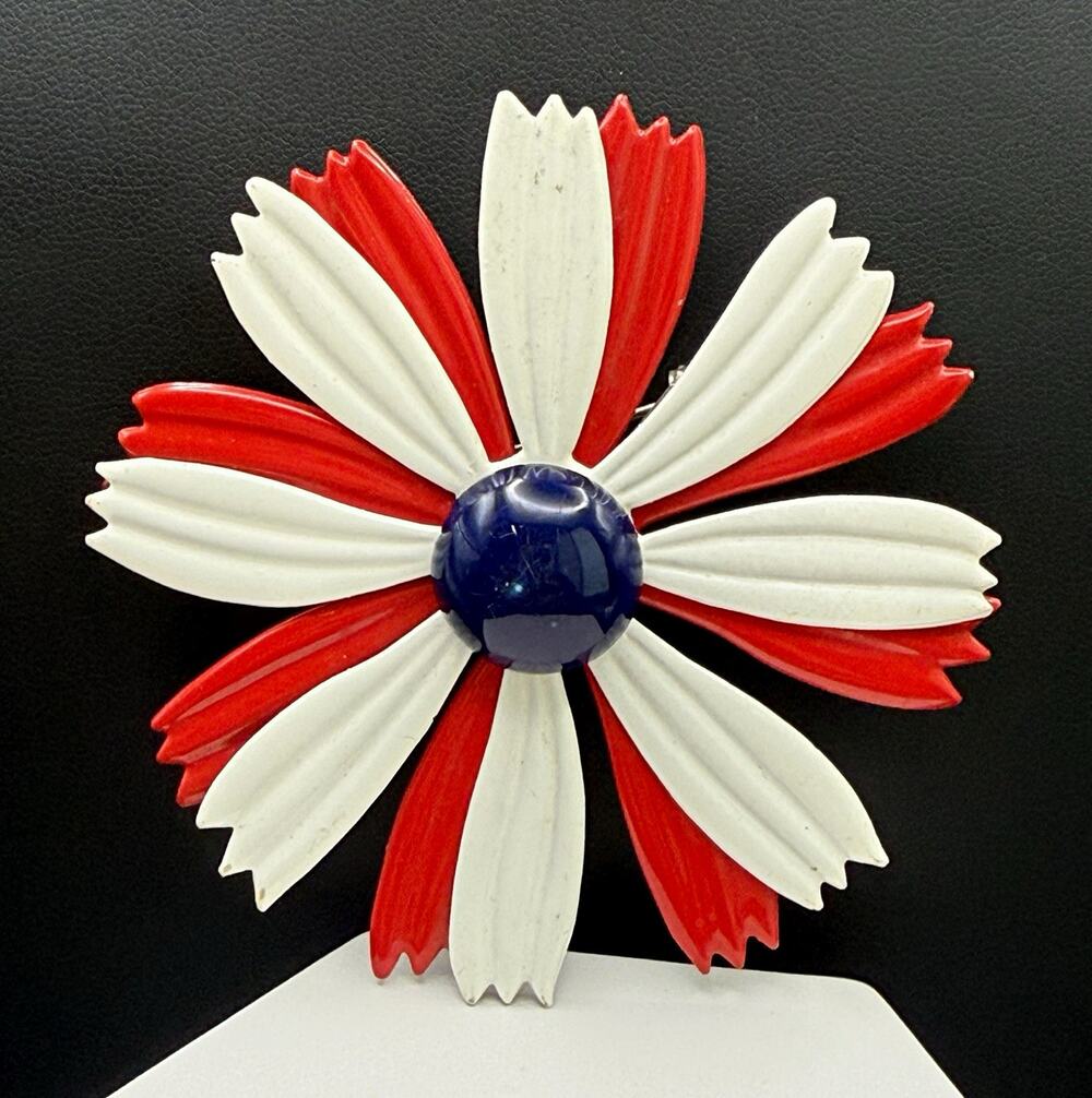 Vintage 1960s Mod Enamel Flower Brooch Pin Patriotic Red White Blue 2.5